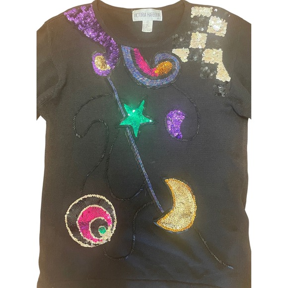 Vintage 90s Victoria Harbour Beaded Sequin Sweater Abstract Celestial - Picture 3 of 4